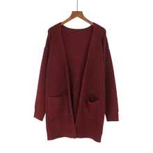 

Autumn burgundy pocket knitting long cardigan sweater Women soft knit cardigan Long sleeve black female coat pull outerwear 2018