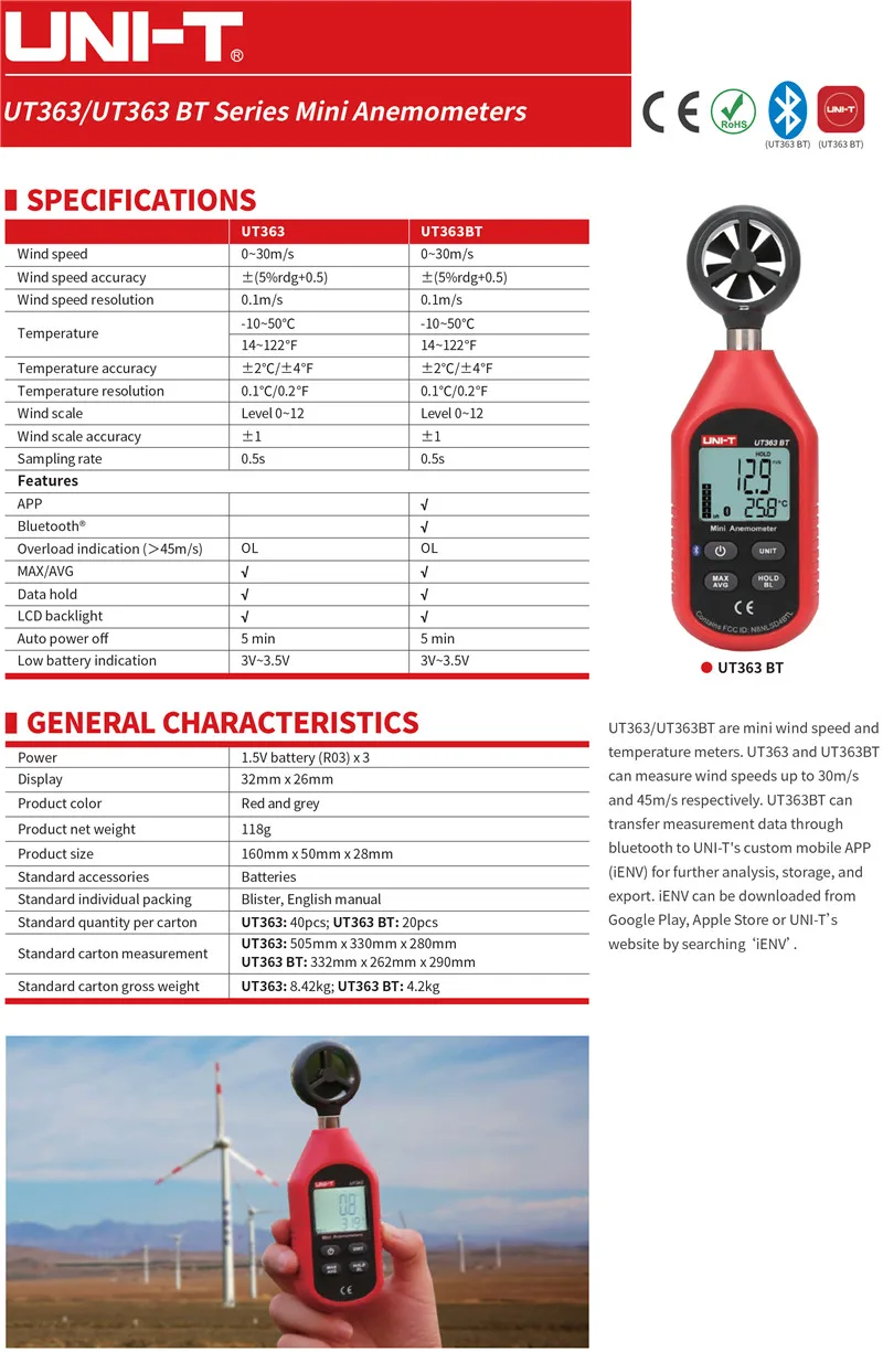 UNI-T UT363/UT363BT мини-анемометр; мини-измеритель скорости ветра и температуры/датчик ветра/измерение скорости ветра
