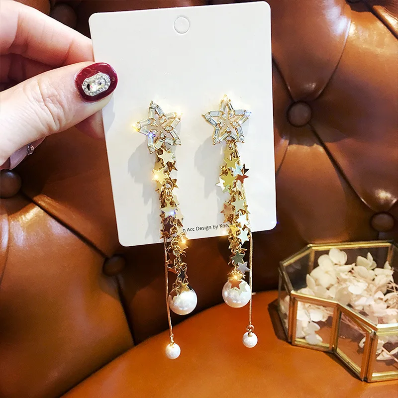 

2019 New Korean Star Crystal Tassels Asymmetric Pearl Earrings Network Red Long pendant Fashion Personal Earrings For Women