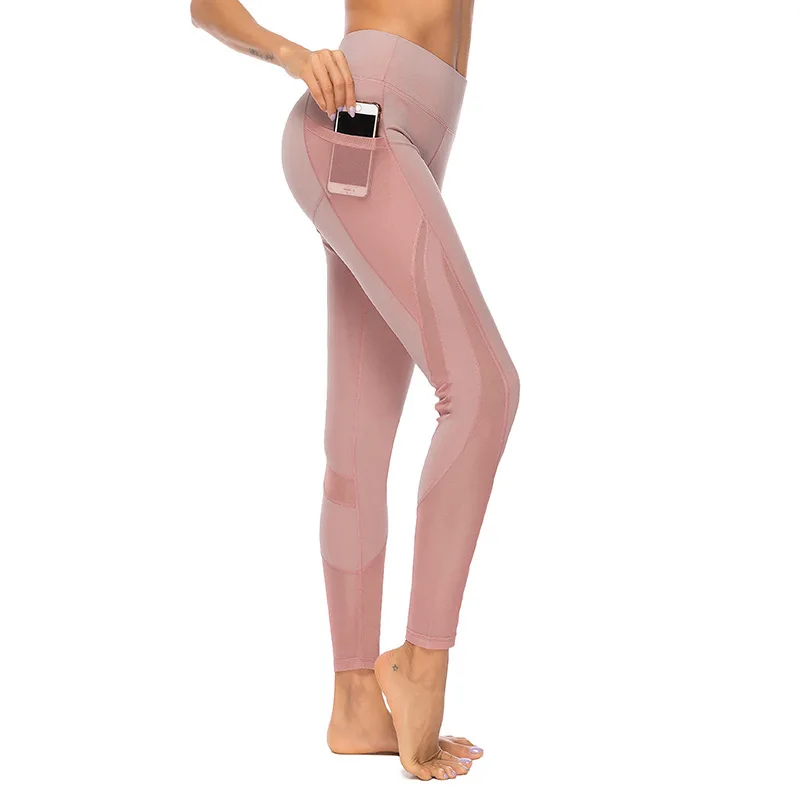 

CHRLEISURE Mesh splice Fitness leggings woman Sexy Breathable pants Convenient pocket workout leggings Solid