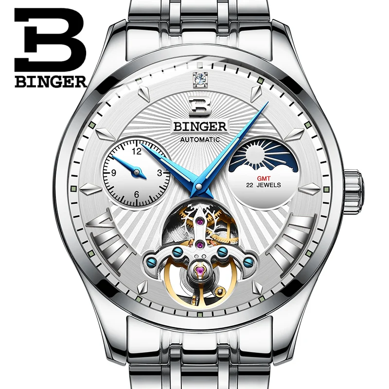Швейцарские автоматические часы BINGER Tourbillon Мужские со стальным ремешком