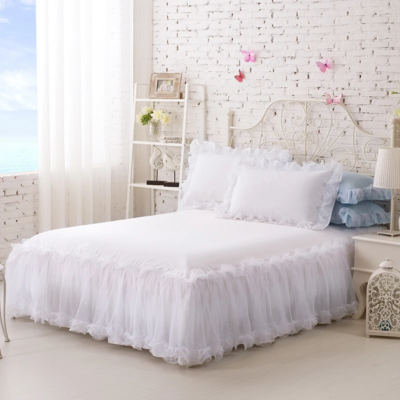 Хлопок сплошной цвет кружева роскошные постельные принадлежности наборы Король Размер королева кровать наборы для девочек простыня набор наволочка белая кровать юбка