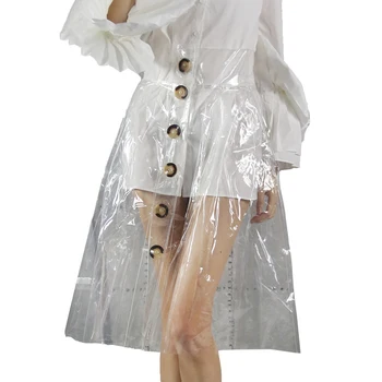 

Autumn New Fashion High Street Women's Skirts Transparent PVC Plastic Skirts Empire Button Mid-calf Skirts Unique Pleated Skirts
