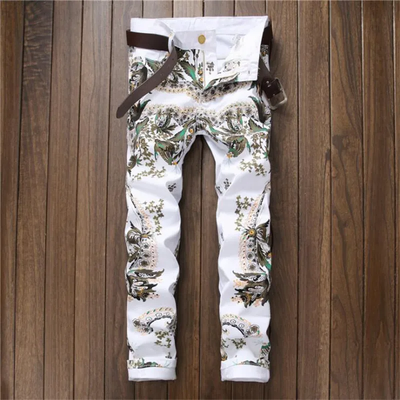 2016 Fashion Mens White Flower Printing Jeans European Nightclub Slim fit Pencil Jeans P5091