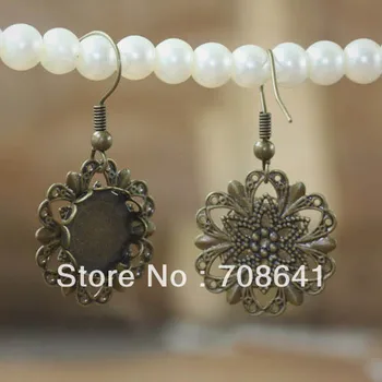 

Blank Ear Wire Clip Hook Earrings Settings with 12mm Double Round Lace Bezel Cabochons Bases Filigree Floewr DIY Findings
