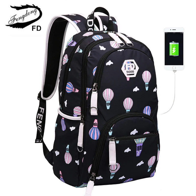 

Fengdong Women's Backpack USB Charging School Backpacks For Girls Women Bags Female Waterproof Large Capacity Backpack