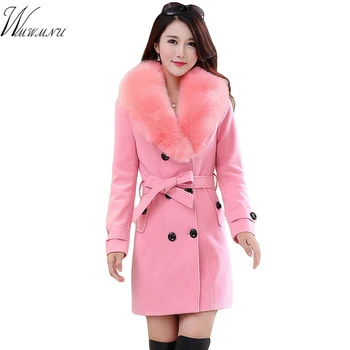

Women's Elegant Big Hair Collar Wool Coat 2018 slim waist long sleeve warm wool jacket femmes vintage plus size pink coat