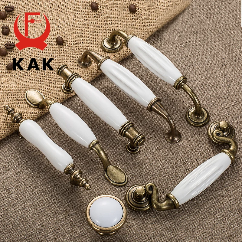 KAK Antique Bronze White Ceramic Cabinet Handles Zinc Alloy Drawer knobs Wardrobe Door Handle Simple European Furniture Hardware