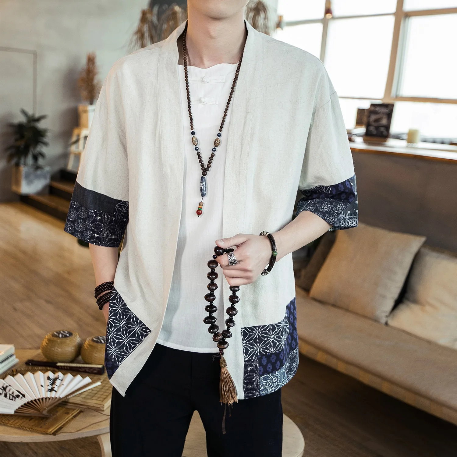 

2019 Summer New Men's Cotton-linen Casual Splicing Shirt Youth Summer Sunscreen