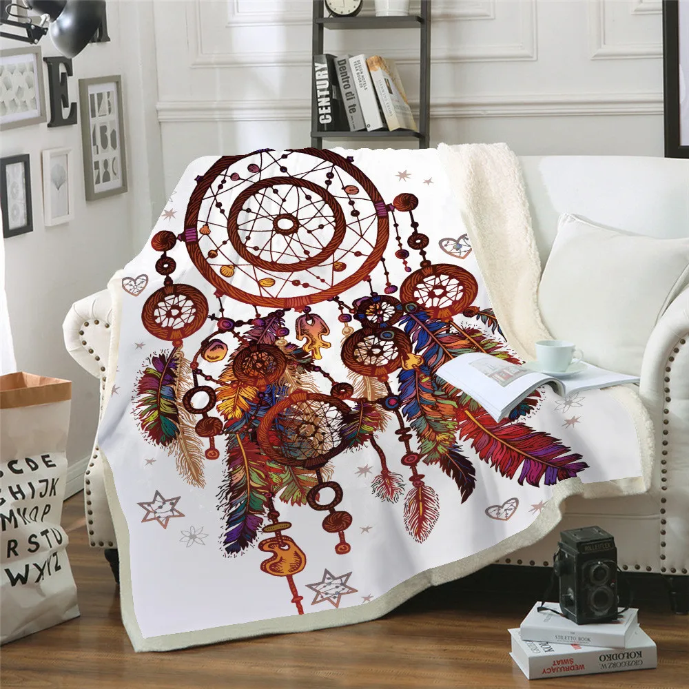 Dream-Catcher-Feather-Watercolor-Painting-Soft-Warm-Winter-Family-Bedding-Throw-Blankets-Coral-Fleece-Sherpa-Sofa
