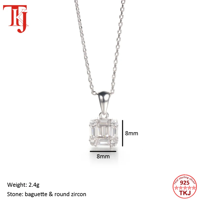 TKJ 925 Sterling Silver Pendant Square Baguette Pendant Daily Jewelry With Chian 40+5cm-4