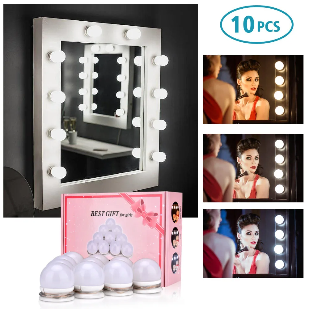 

10pcs Makeup Mirror Vanity LED Light Bulbs Lamp Kit 3 Levels Brightness Adjustable Lighted Make up Mirrors Cosmetic Lights