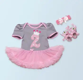 

3PCs per Set Baby Girls Grey Number 1 Number 2 Crown First Second Birthday Party Tutu Dress Headband Shoes for 0-24Months