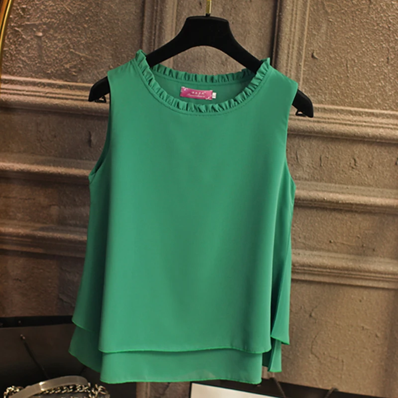 2019 Summer New Fashion Double layer Women Chiffon blouse Ruffled collar blouses Loose sleeveless Chiffon shirts Female tank