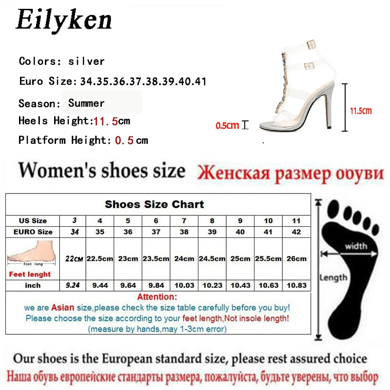 Eilyken PVC Jelly Blue Crystal Sandals Open Toed High Heels Sexy Buckle Strap Women Sandals Pumps Silver size 35-42