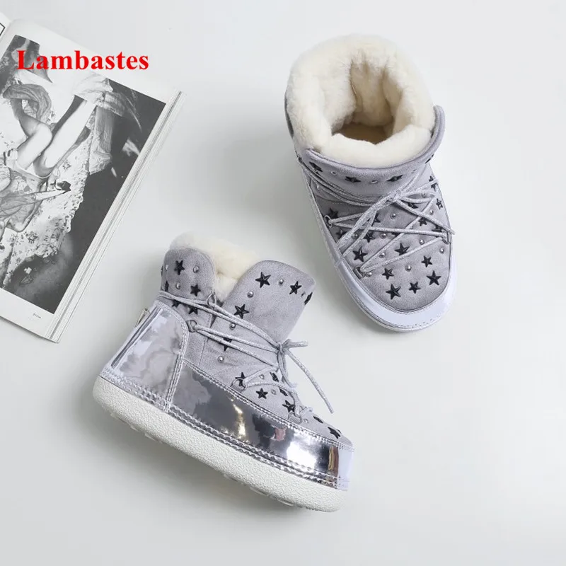 

Hiver Bottines Femme Fur Designer Star Rivets Stud Lace Up Chunky Snow Boots Ankle High Wool Botas Femeninas Warm Flats Shoes