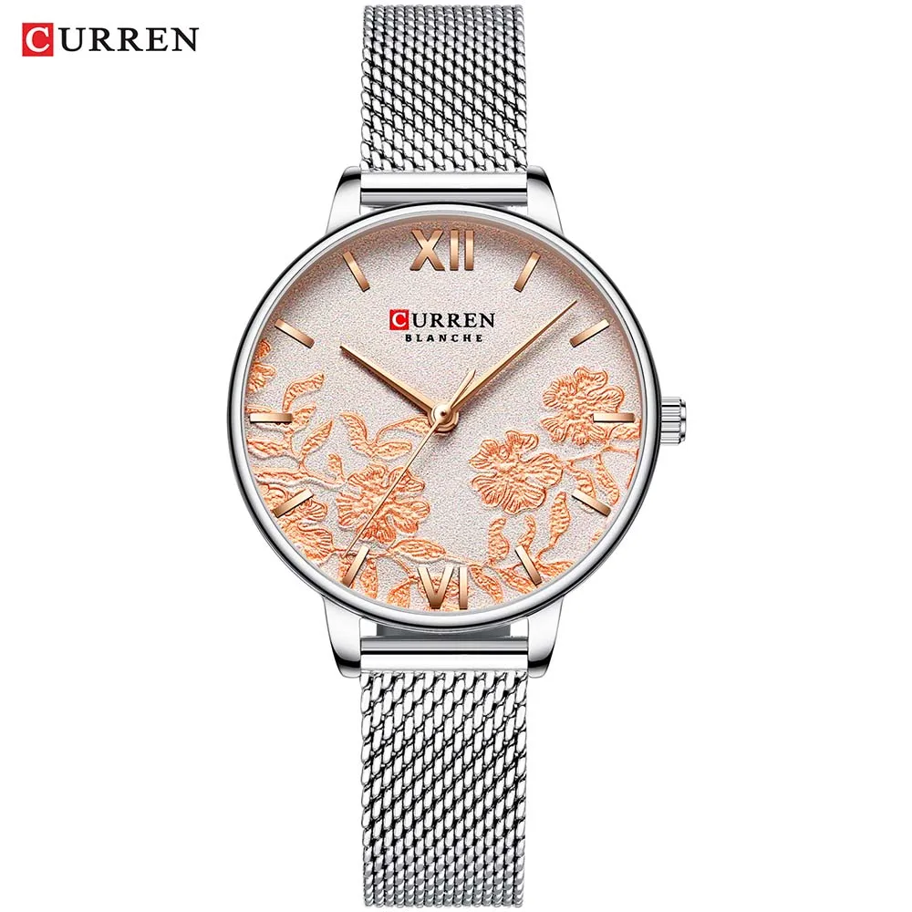 CURREN женские часы красивый уникальный дизайн циферблат, кожаный ремешок наручные часы женские модные нарядные Часы Montre femme - Цвет: Серебристый