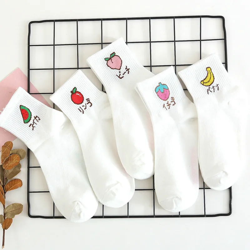 Носки женские хлопковые с рисунком клубники банана персика Харадзюку|socks