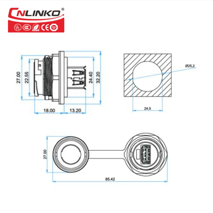 CNLINKO USB3.0 панельная розетка IP67 водонепроницаемая USB розетка YU USB гнездовая панельная розетка