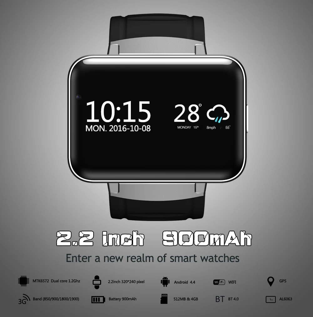 DM98 Bluetooth Смарт-часы 2,2 дюймов ОС Android 3g Smartwatch телефон MTK6572 двухъядерный 1,2 ГГц 512 Мб ОЗУ 4 Гб ПЗУ камера WCDMA gps