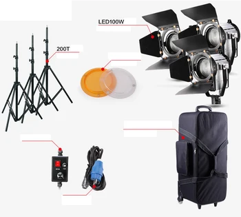 

Dimmable Bi-color 3pcs LED100W LED Studio Fresnel spot Light 3200-5500K+Light Stand+Flag Reflector+Carry bag Studio video cd50