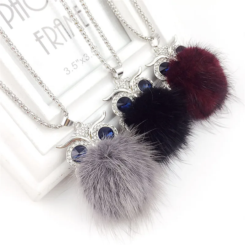 

New Arrival Mink Fur Ball Owl Pendant Necklaces Women All-match Long Winter Sweater Chain Fashion Collier Accessories