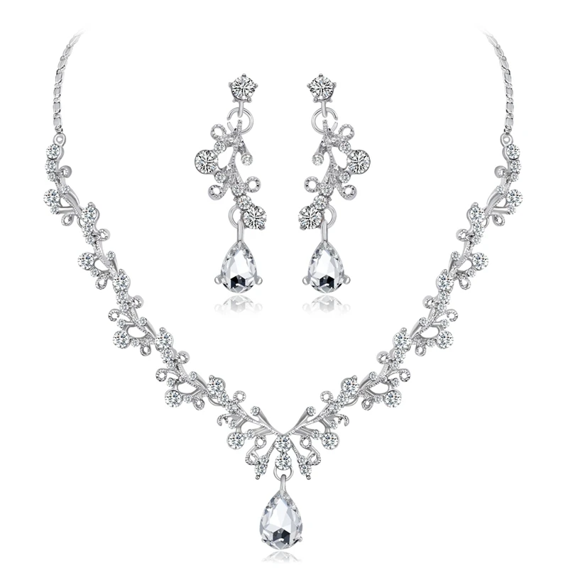 Womens Waterdrops Alloy Diamond Necklace Earrings Two Piece Set