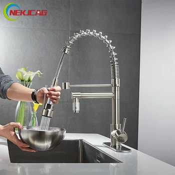 

Deck Mounted Nickel Brushed Pull Down Dual Spout Kitchen Switch Sink Faucet Mixer Tap Hot And Cold Water Tap With Cover Plate