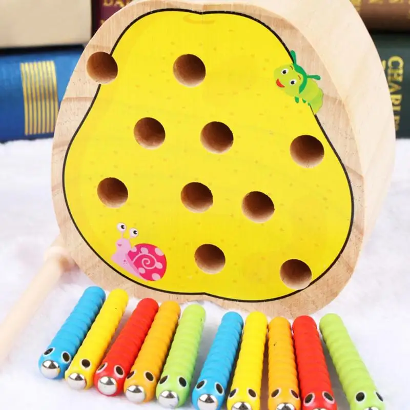 Фруктовая форма ловля червя игра Когнитивная рыболовная игрушка Раннее детство образование конфеты Магнитные деревянные Обучающие деревянные блоки игрушки для мальчиков