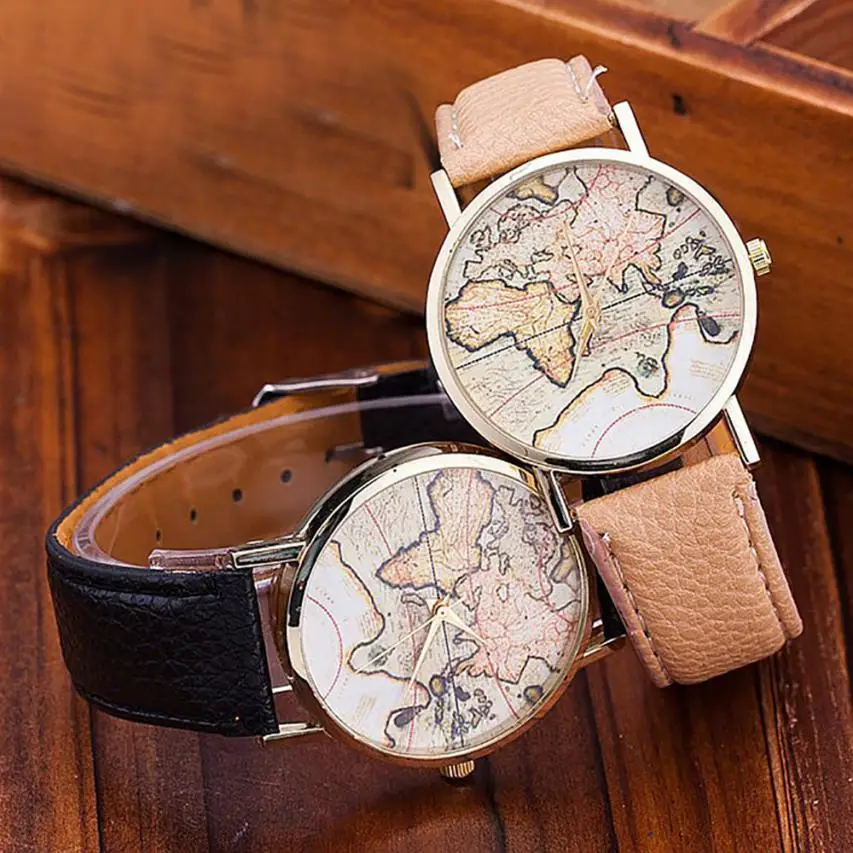 Модные женские кожаные часы с картой мира, модные женские наручные часы, повседневные Роскошные Кварцевые часы, Relogio Feminino# D