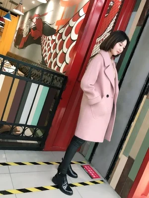 Шерстяное Женское пальто модное повседневное розовое пальто свободный отложной воротник с широкой талией осеннее зимнее пальто длинное кашемировое пальто