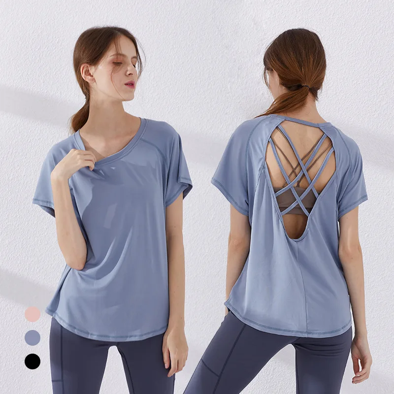 

New Style Sexy Cutout Back Loose Sports Short-Sleeve Female Running Fitness Top Breathable Quick-Drying Yoga Clothes Female