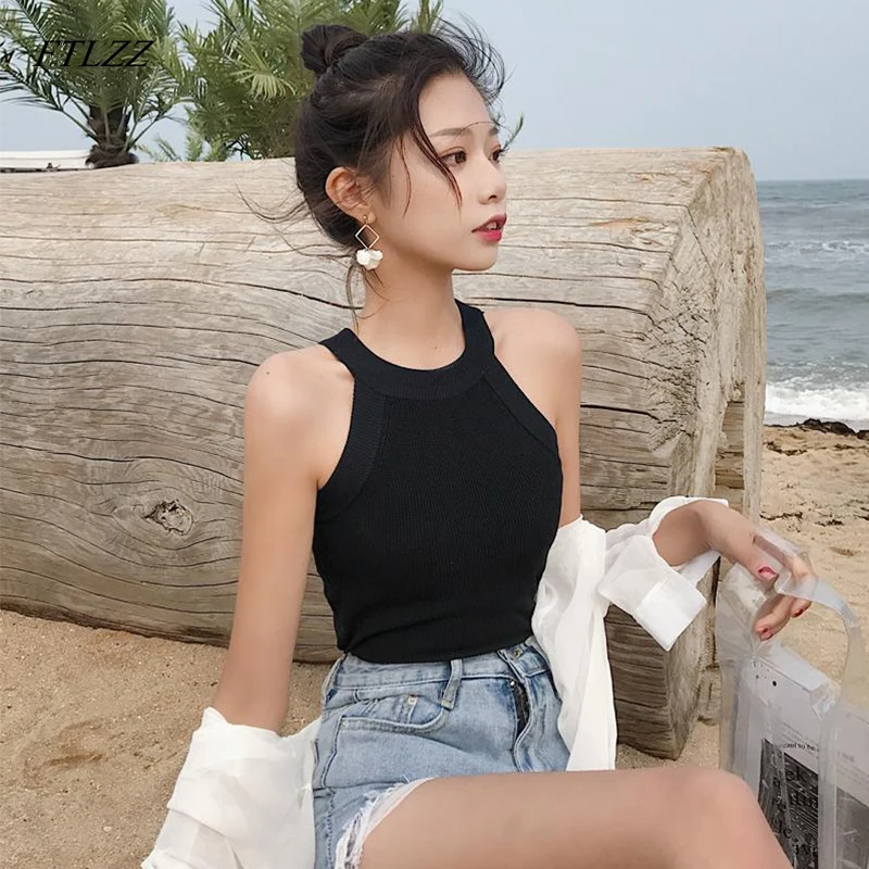 

FTLZZ Sexy Tank Beach Top Women Slim Neck Off-shoulder Camisole Knitted Tops Tees Summer Female Tanks Sleeveless