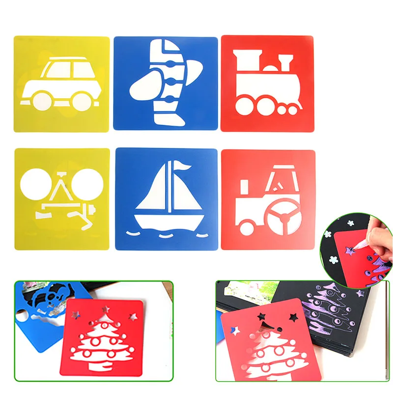 

New 6x Children Transport Shaped Plastic Painting Drawing Template Stencil Kids Toy