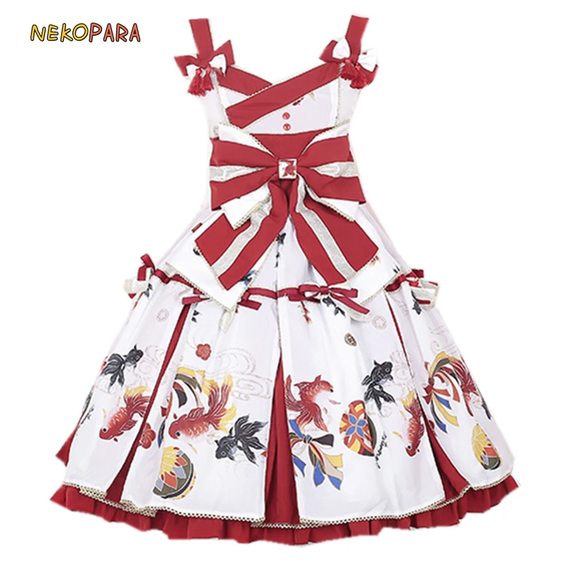 

"Girl's Day Dream" Women's Lolita JSK Dress Sleeveless High Waist Suspender Dress Goldfish Print Big Bow Tassel Dress 4 Colors