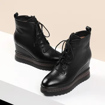 

GPOKHDS 2019 women ankle boots Cow leather winter short plush lace up black color platform wedges high heels boots size 42