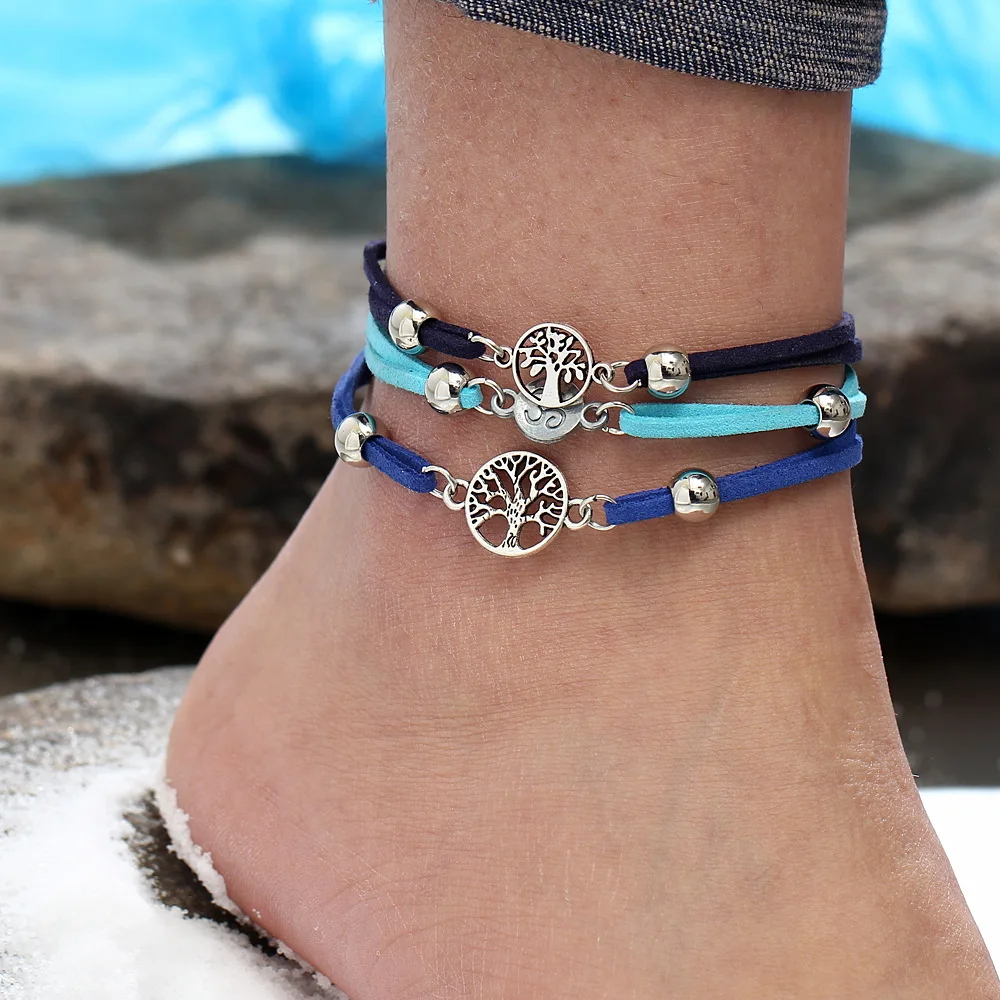 3 pcs/set Ancient Silver Color Tree Anklet Ankle Bracelet Foot Leather