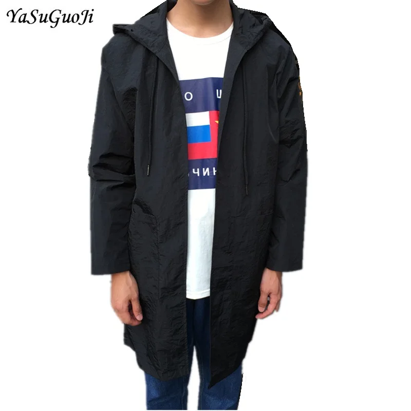 새로운 2019 봄 일본어 단색 캐주얼 얇은 재킷 남자 두건을 한 남자 재킷의 FY2와 느슨한 유형 긴 트렌치 코트 남성