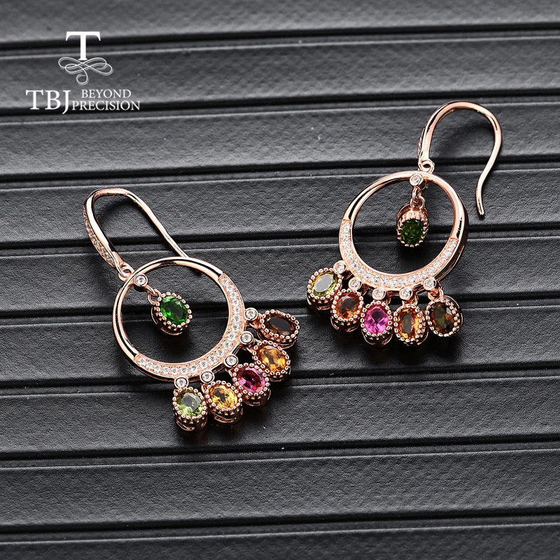 TBJ,High quality natural multi-color tourmaline 925 sterling silver hook earring for girl birthday party or daily wear nice gift