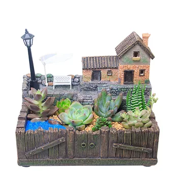 

Resin Flower Pot Succulents Plants Small Bonsai Micro Landscape Vase Garden Decoration with LED String