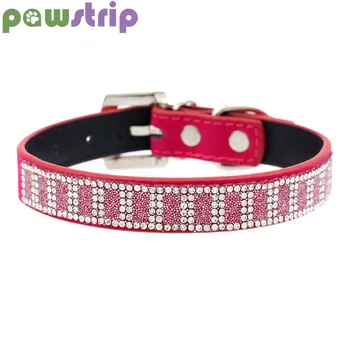 

pawstrip 4 Colors Bling Rhinestone Dog Collar Soft PU Leather Puppy Neck Strap Adjustable Cat Collar S/M/L