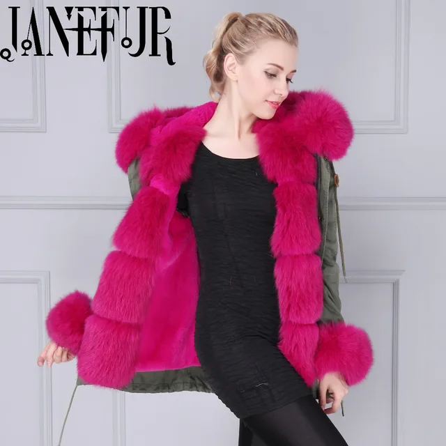 Cheap DHL Fast Shipping Hot Pink Thick Part Fox Fur Trimmed Luxury Ladies Fashion Short Parka Jacket