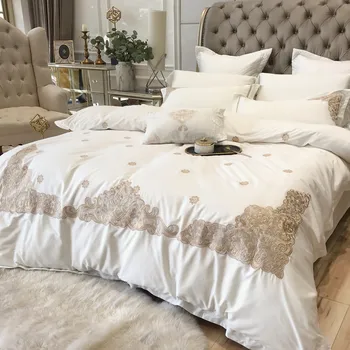 

Luxury 100S Egyptian cotton Embroidered Bedding set Wedding Queen King Royal Duvet cover Bed sheet sets Pillowcase 4/6pcs white