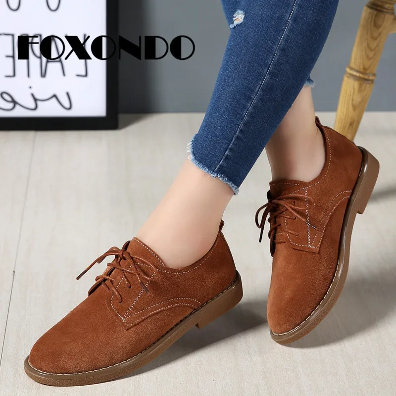 

FOXONDO 2019 Autumn New Fashion Women Oxford Shoes Leather Suede Lace-up Shoes Women Flats Round Toe Ladies Boat Shoes Moccasins