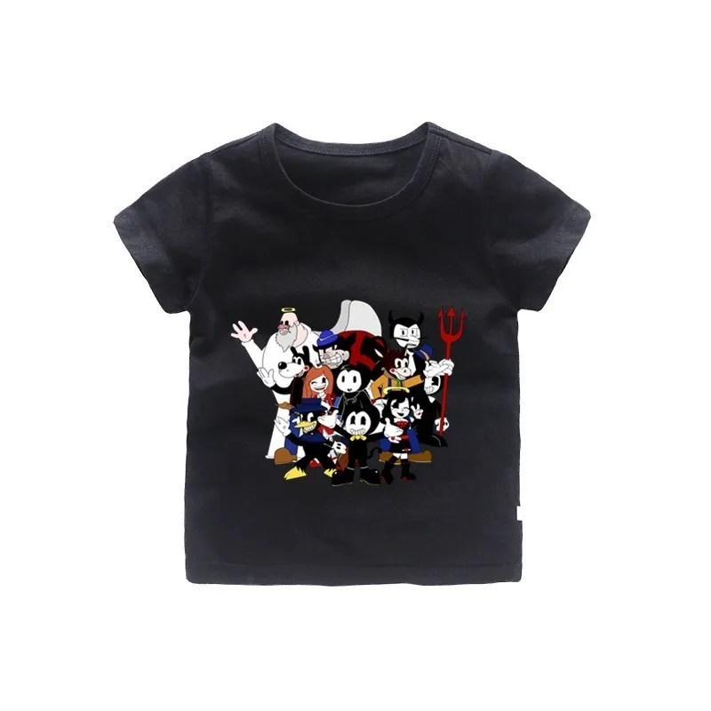 От 2 до 12 лет футболка с круглым вырезом и рисунком Бенди; хлопковая одежда; летняя футболка для мальчиков; топы для детей; детская одежда с короткими рукавами - Цвет: Черный