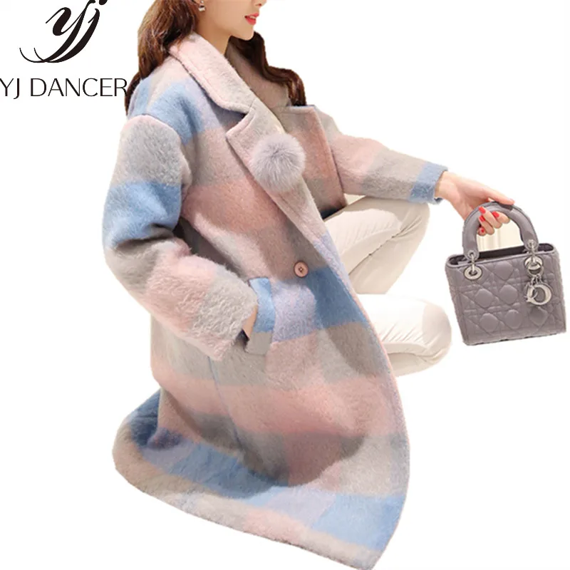 

Winter Women New Woolen Coat V-Neck Double Breasted Plaid Temperament Wool Coats Female Loose Casual Fashion Tweed Coats CSS351