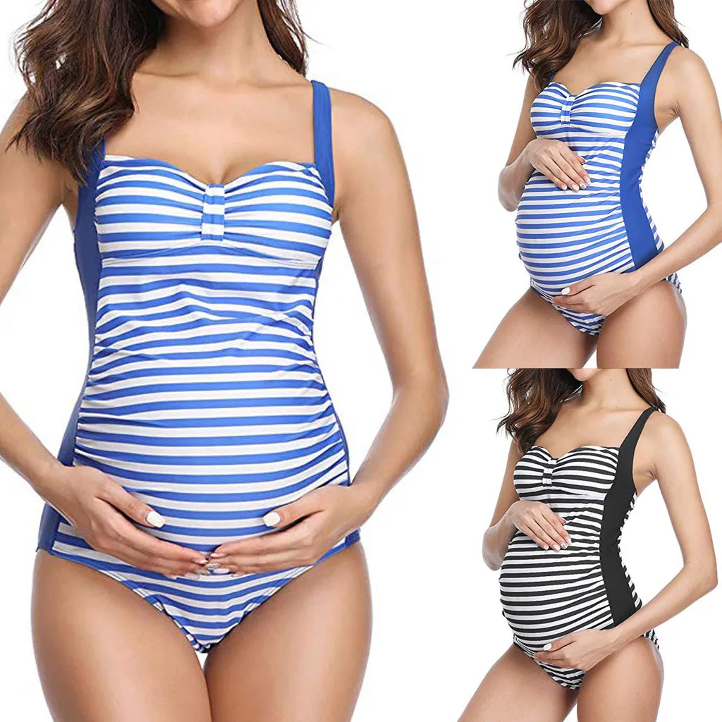 

Swimwear Women Maternity Tankinis Women Stripe Print Bikinis Swimsuit Beachwear Pregnant Suit Bikinis 2019 High Waist MM620