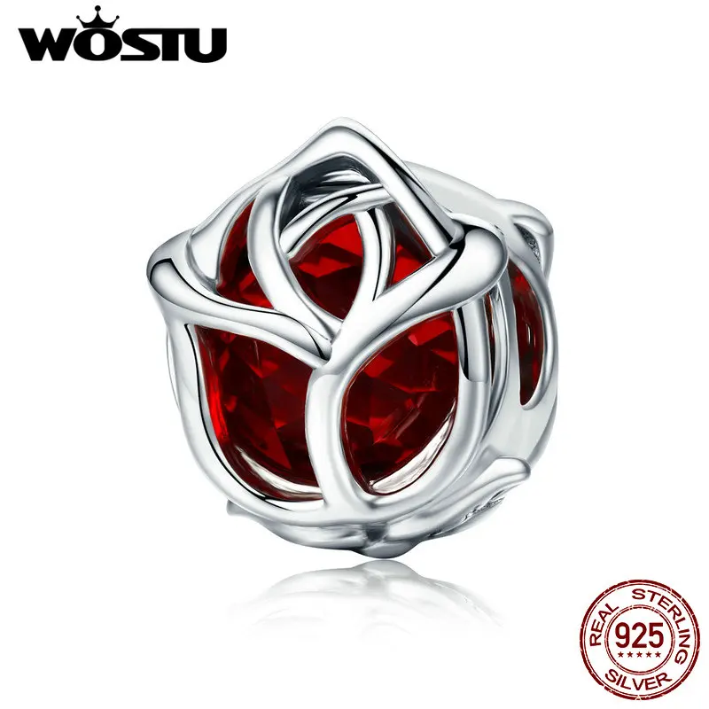 

WOSTU New Genuine 925 Sterling Silver Romantic Red Crystal Openwork Rose Beads For Fashion Original Women Charm Bracelet FIC568
