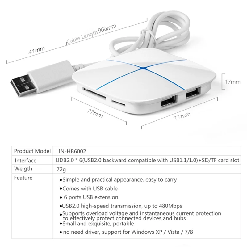 6-портовое 2-слот для карт памяти USB 2,0 хаб разветвитель с SD/устройство для считывания с tf-карт для настольного компьютера/ноутбука Поддержка