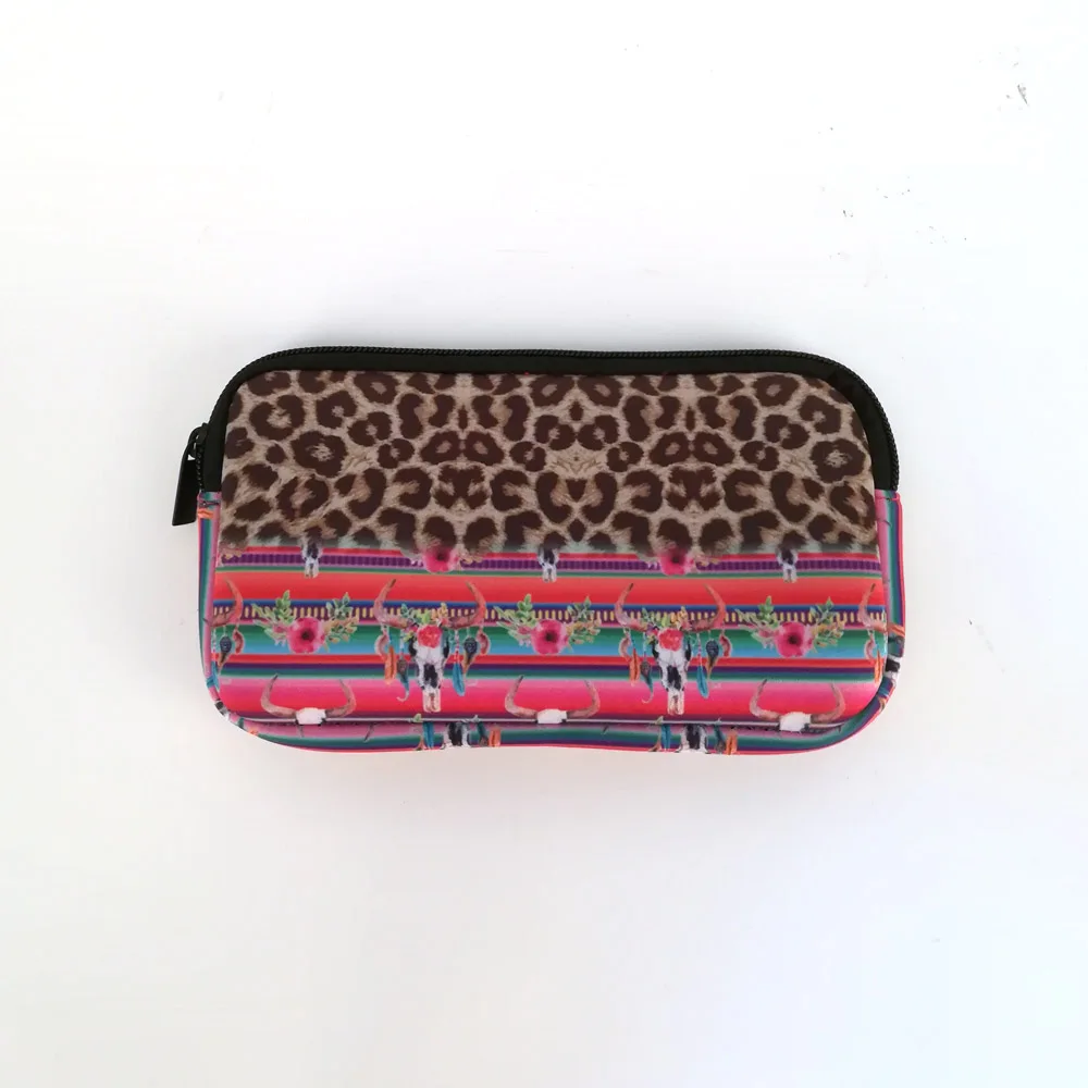 

21.5*12cm Flat Leopard Bullskull Cosmetic Case Serape Neoprene Makeup Bag Women Accessories Hand Bag Free Shipping DOM106529